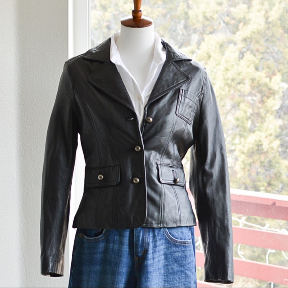 Vintage Jackets & Blazers - Vintage Black Lamb Leather Jacket Sz S